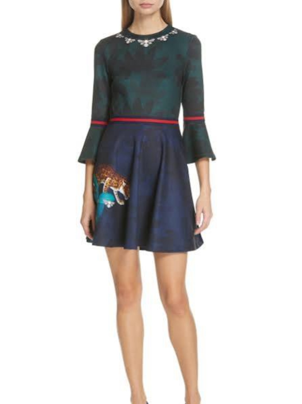 Ted Baker Emileen Houdinii Skater Dress Womens 6 Green Navy Floral Bee